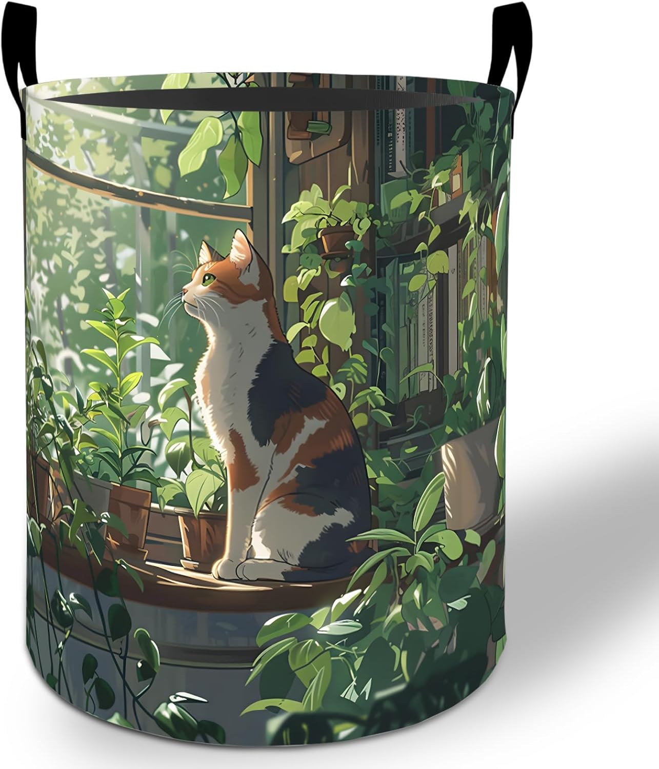 Cat and Plants Laundry Basket Hamper 19.7"x15.8", Garden Foldable Waterproof Oxford Clothes Storage Bucket for Room Bathroom Bedroom Nursery Decor, Toy Organizer Bins Gifts for Kids Boys Girls