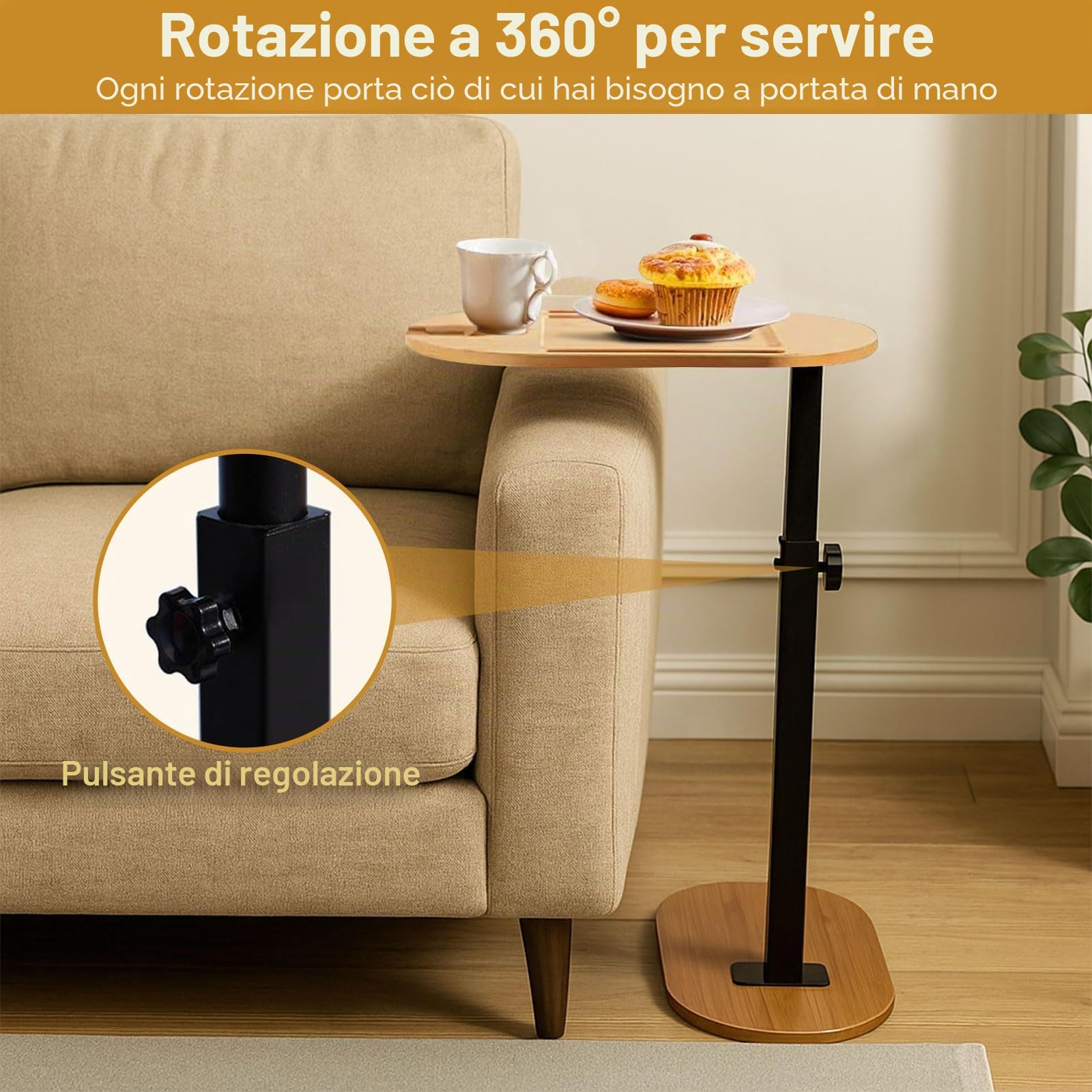 Tavolino a forma di C girevole a 360°, regolabile in altezza, tavolino piccolo in legno di bambù e metallo, per stanze strette, tavolino in legno per soggiorno, camera da letto
