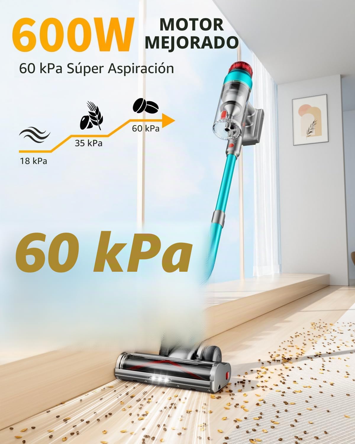 60KPa/600W Aspiradora sin Cable, Aspiradora Fregadora Sin Cable Potente hasta 75Mins, con Carga de Pared Smart Screen, Cepillo Antienredos, Alfombra Pelo Mascota Suelo Sofá (Morado) (Verde) (Verde)