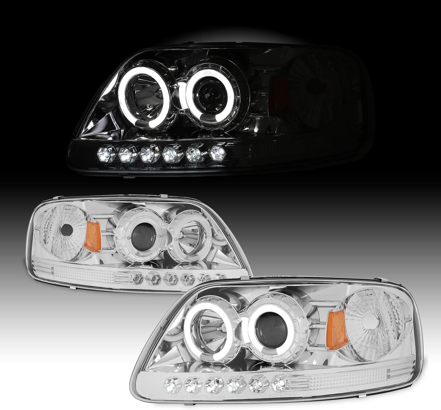 AKKON - For Ford F150 Expedition Pickup Black LED Ring 1 Piece Projector Replacement Headlights Pair