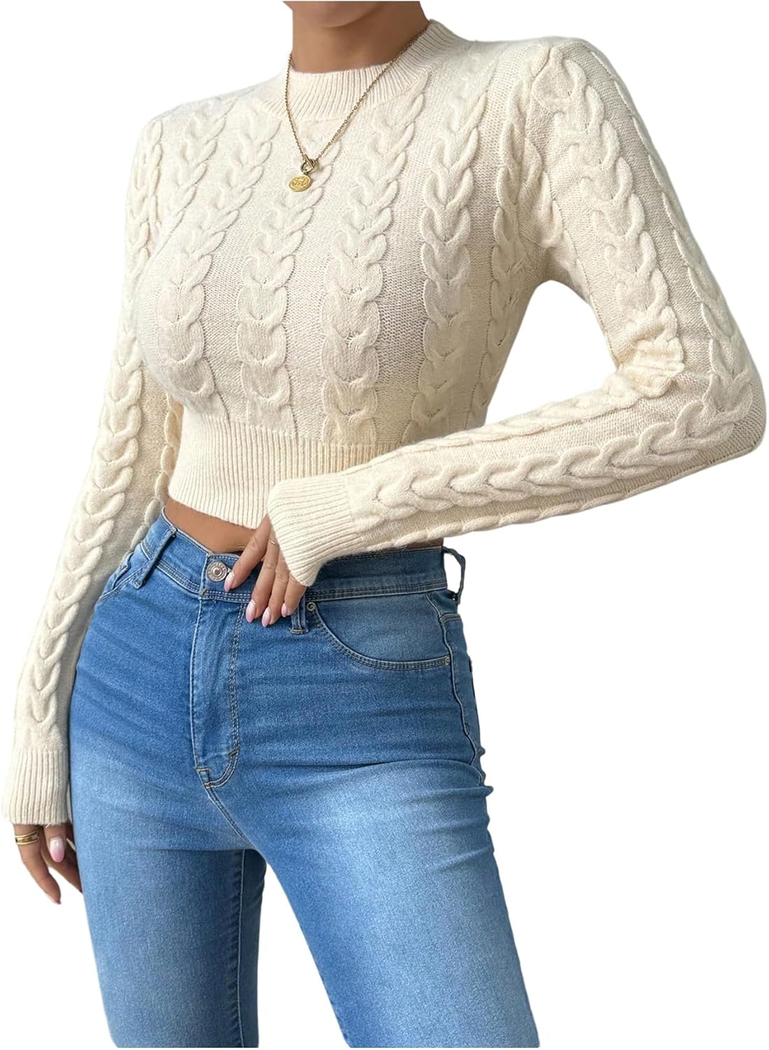 Women's Mock Neck Cropped Sweater Cable Knit Fitted Going Out Pullover Tops