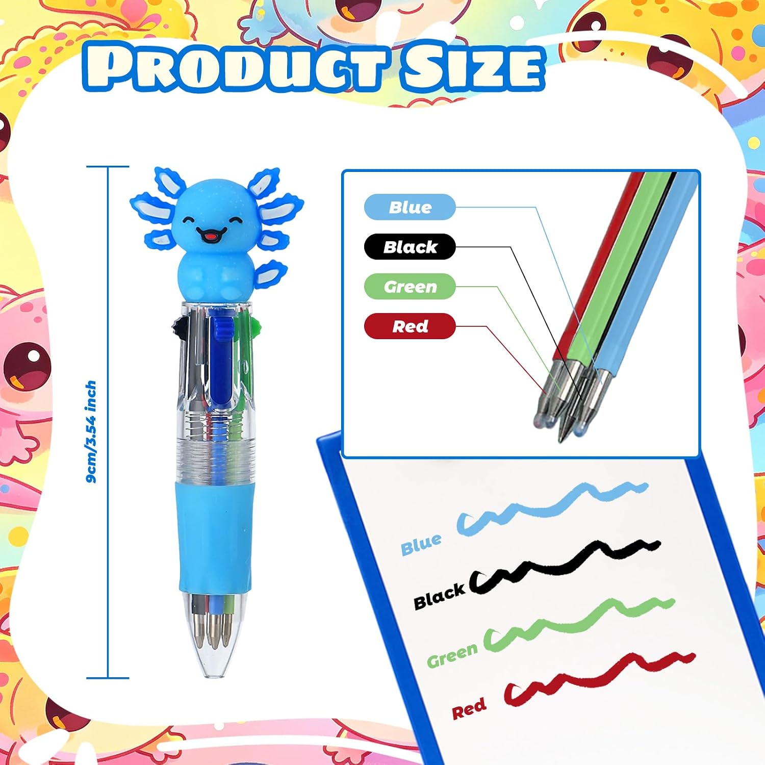 Axolotl Party Favor Pens Multicolor Pen in One Cute Fun 4-in-1 Pens Bulk Cool Ballpoint Pens for Birthday and Holiday Gifts (Axolotl, 48)