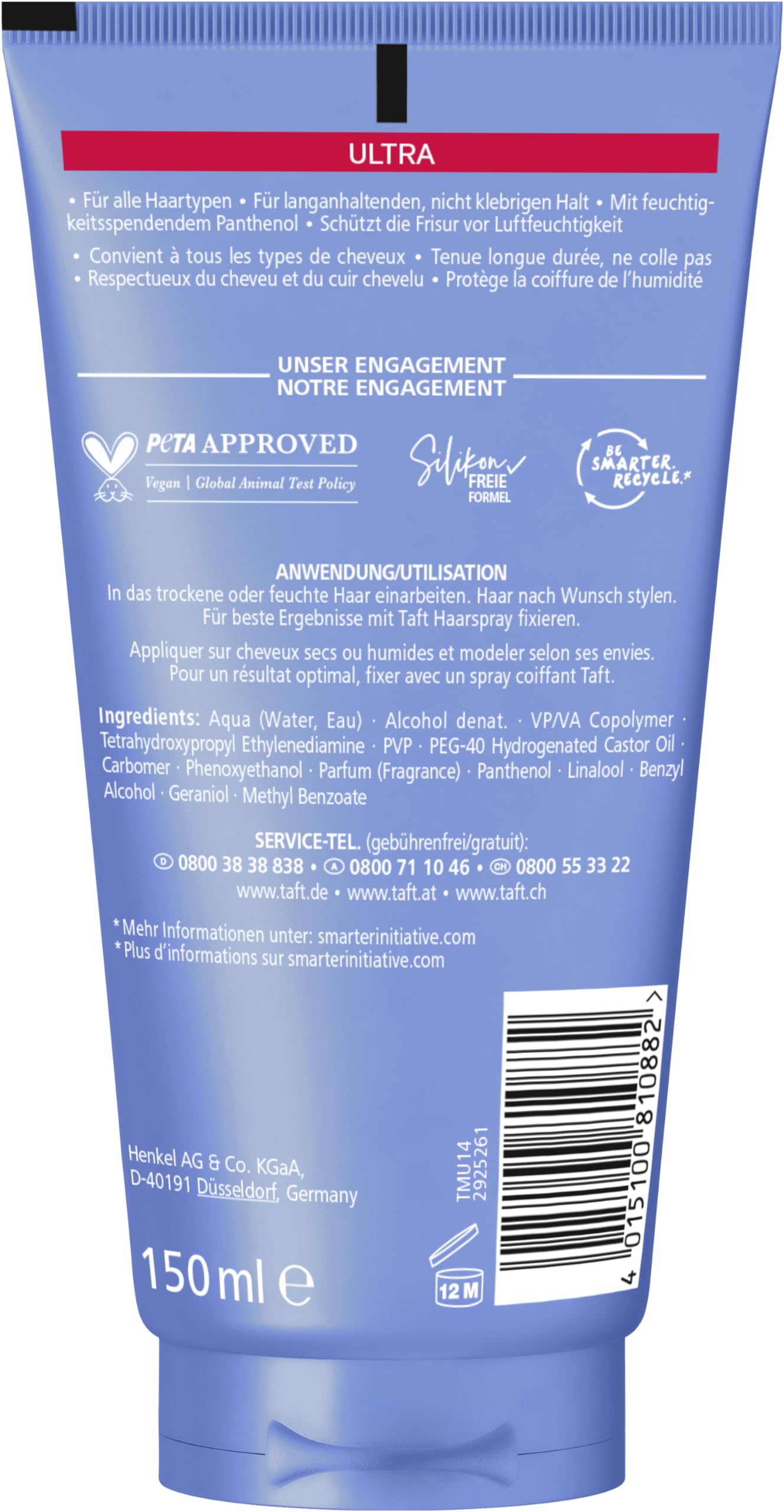 Schwarzkopf Taft Gel Ultra Styling (150 ml), żel do włosów wzmocnionych o bardzo mocnym trzymaniu, delikatny dla włosów i skóry głowy, wegański żel do stylizacji włosów