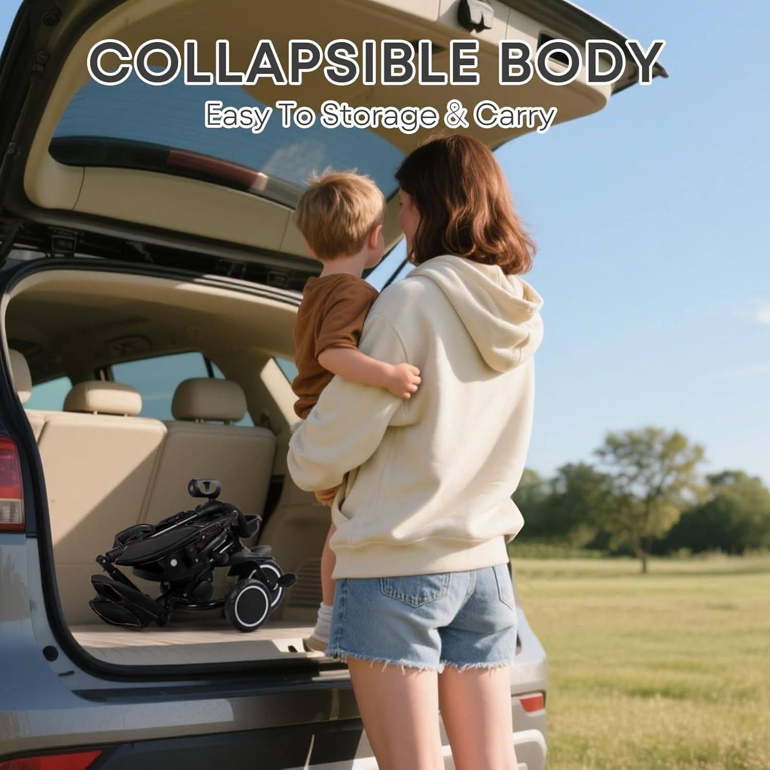 Kinder King Kids Tricycle, 8 in 1 Folding Toddler Trike w/Adjustable Push Handle, Rotatable Seat, Adjustable Canopy, Bell, Five-Point Harness, Storage, Bike Tricycle for Toddlers 1-3, Black