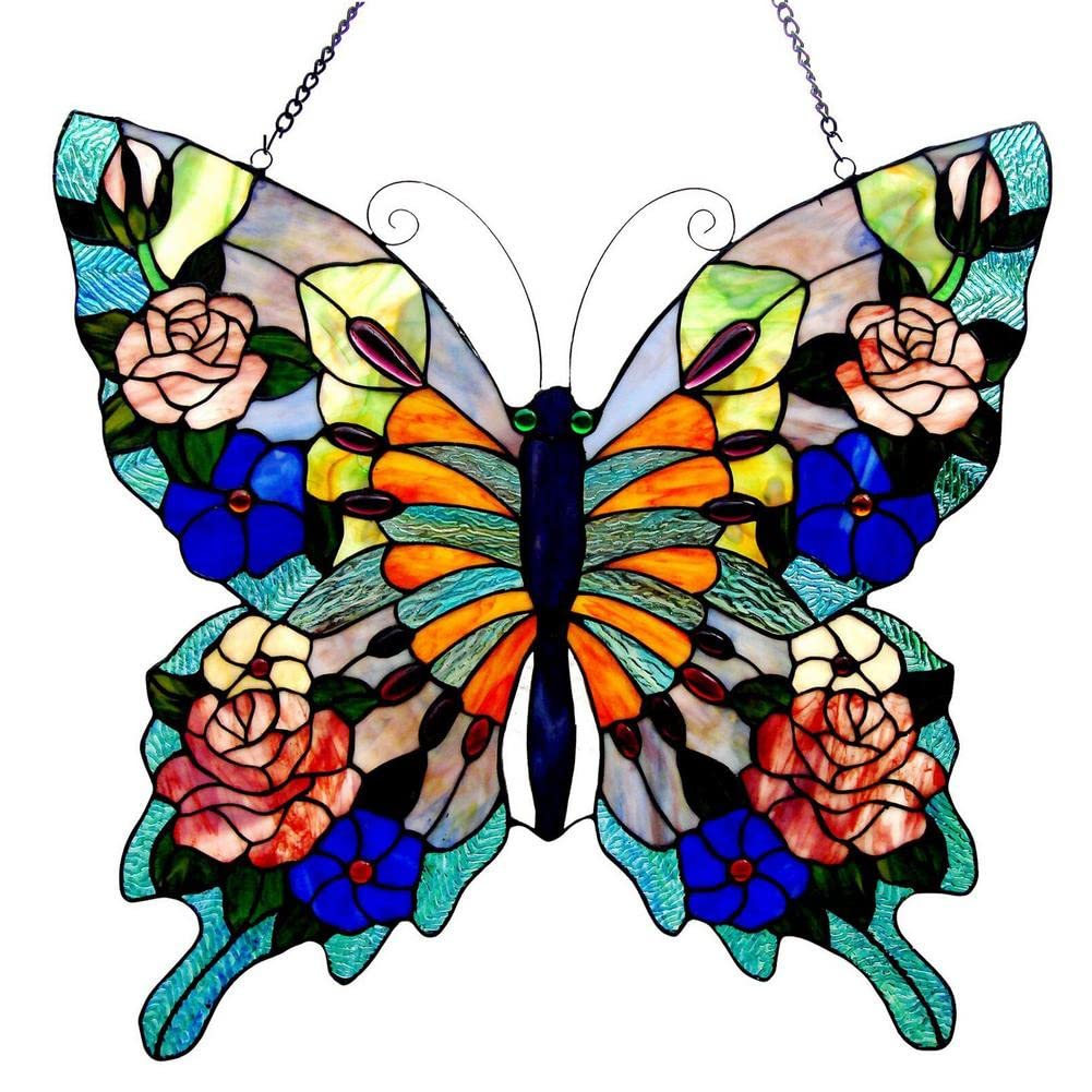 Butterfly Stained Windows Hanging Suncatcher ,Flower Butterfly Stained Glass Suncatchers Window Ornament Stained Glass Panel Sun Catcher Wall Hanging Decor Birthday Gift