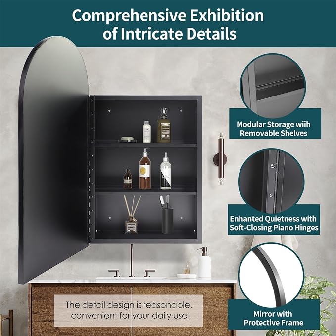 Botiquín de medicina arqueado negro Movo con espejo de 16 x 30 pulgadas | Botiquín de baño con marco metálico, montaje en pared o empotrado, con 2 estantes removibles miniatura 3