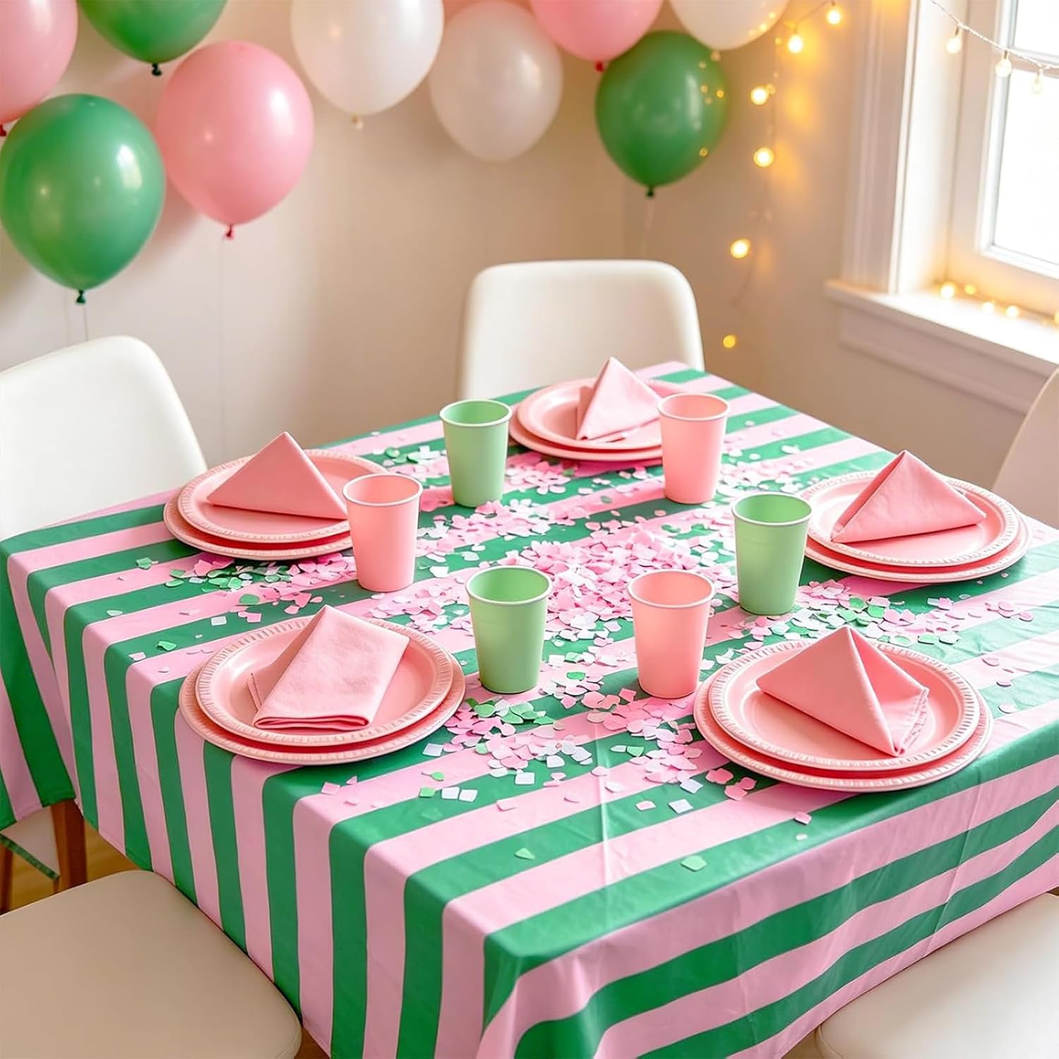 JarThenaAMCS 3Pcs Stripe Disposable Tablecloth, Pink Green, 54 x 108 Inch