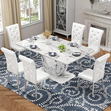 Modern Faux Marble Dining Table Set for 6, 63 White Rectangular Kitchen Table with Elegant U-Shaped Pedestal Base & 6 Tufted Upholstered High-Back Chairs, Luxury 7-Piece Dining Room Furniture Set