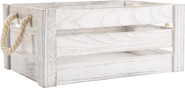 Strong Rope Handle Wooden Crates Storage Box Wooden Shelves Large Storage Box Christmas Eve Box (Extra Large, White Wash)