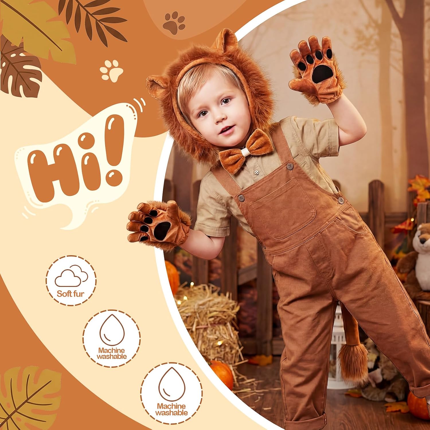 Haysandy 5 Pcs Lion Costume Set Lion Ears Headband Paw Gloves Bow Tie and Tail Halloween Cosplay Party Accessories for Kids Animal Themed Costume Dress up