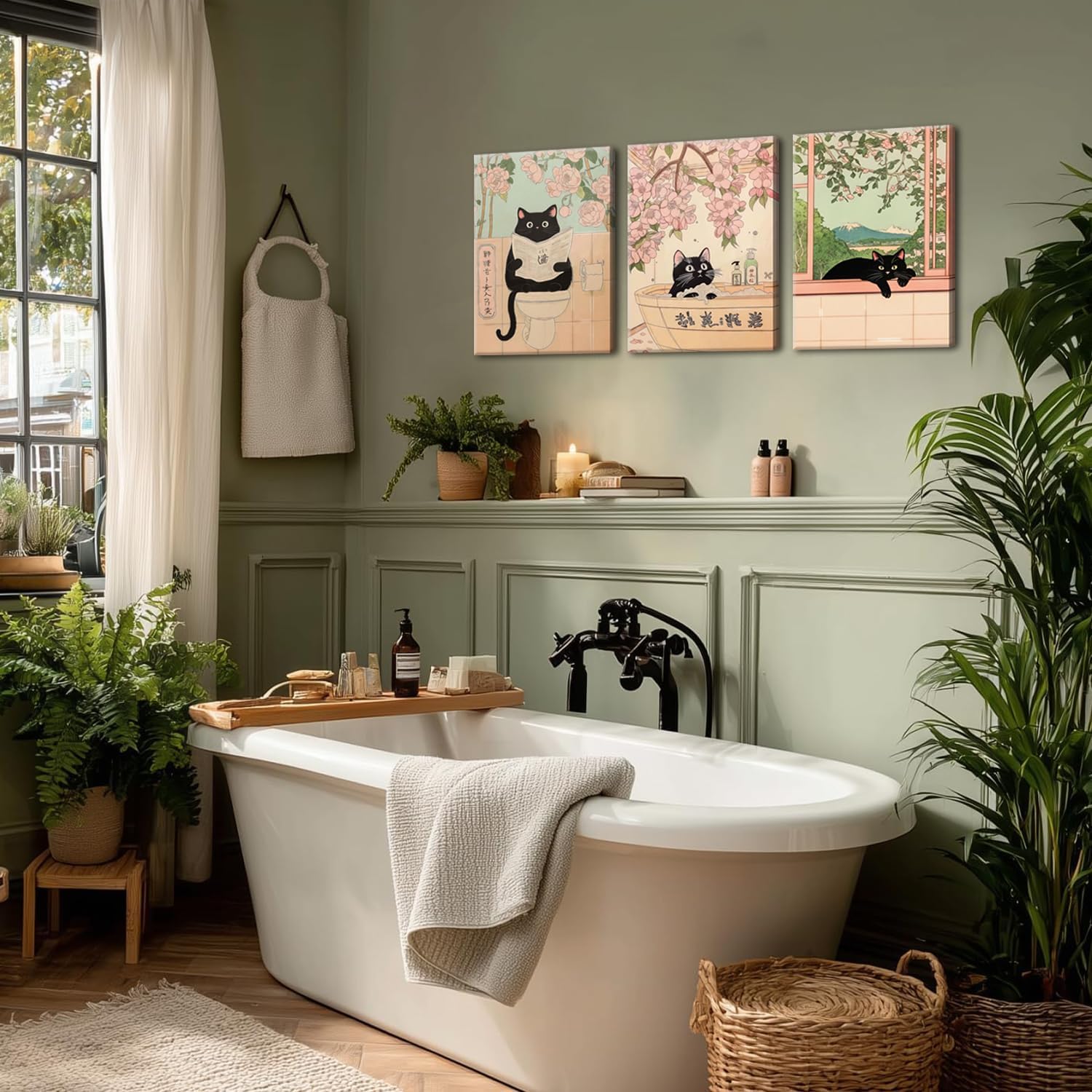 Japanese Bathroom Wall Art Set of 3, Cute Black Cat Bathtub Wall Decor, Funny Animal Reading Newspaper Canvas Prints for Bathroom Bedroom Laundry Room 16x24 inch Framed