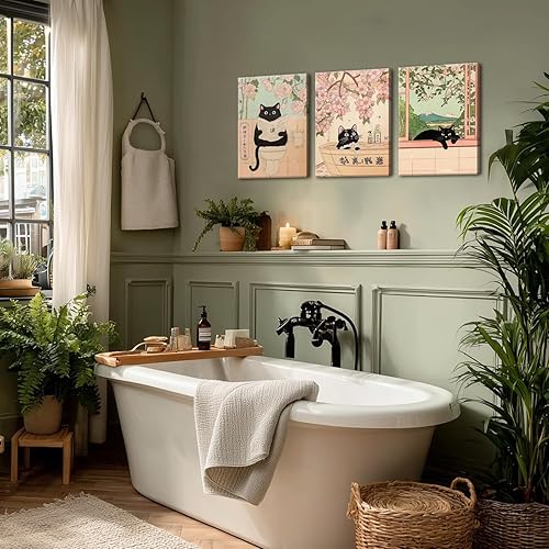 Miniatura 3 de Juego de 3 lienzos japoneses de pared para baño, divertidos cuadros de decoración de pared de gato negro, bonitos pósteres de baño, impresiones para