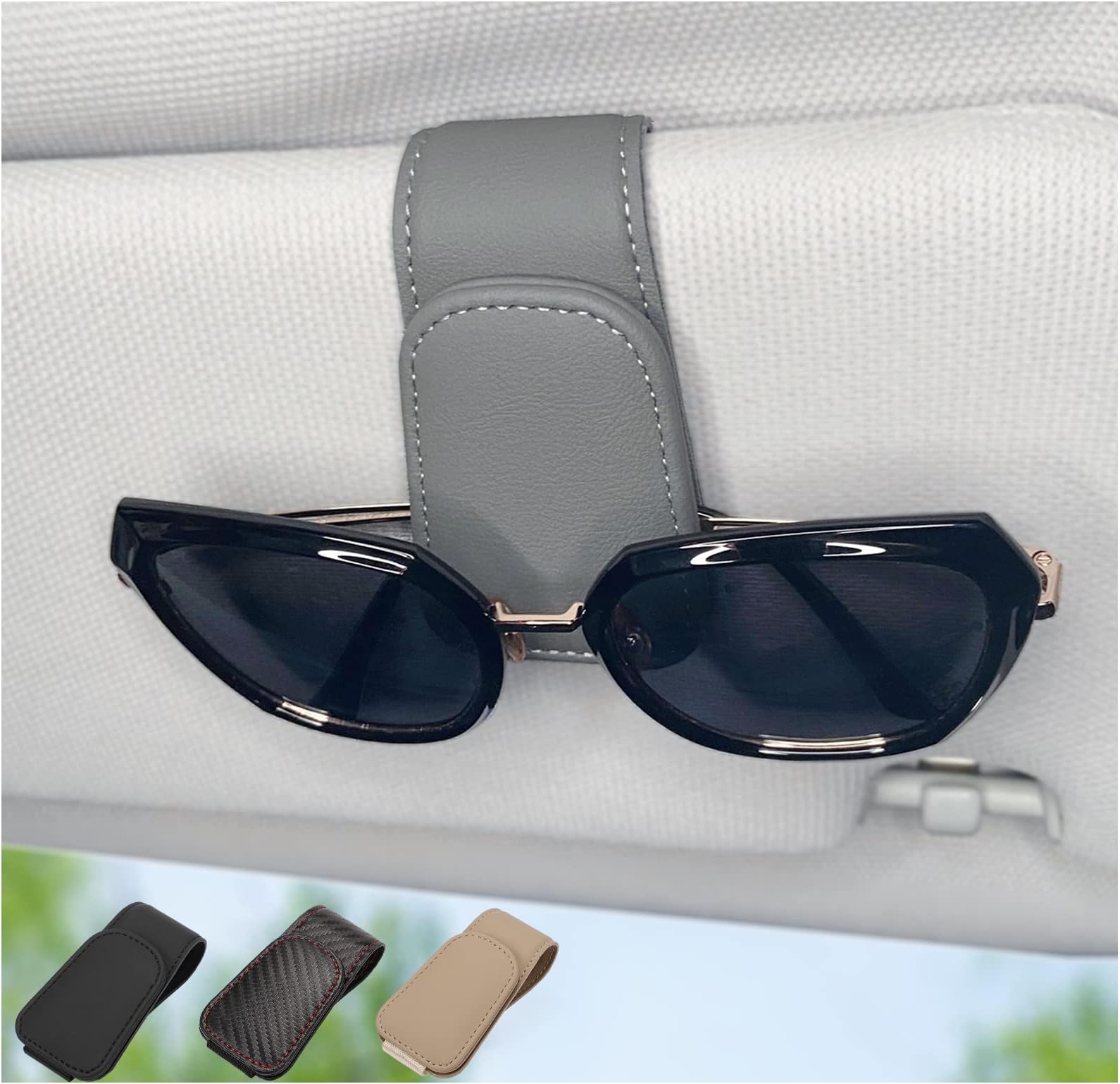 Magnetic Leather Sunglass Holder for Car, Sunglasses Clip for Car Visor, Auto Interior Accessories Universal for Different Size Eyeglasses (Grey)