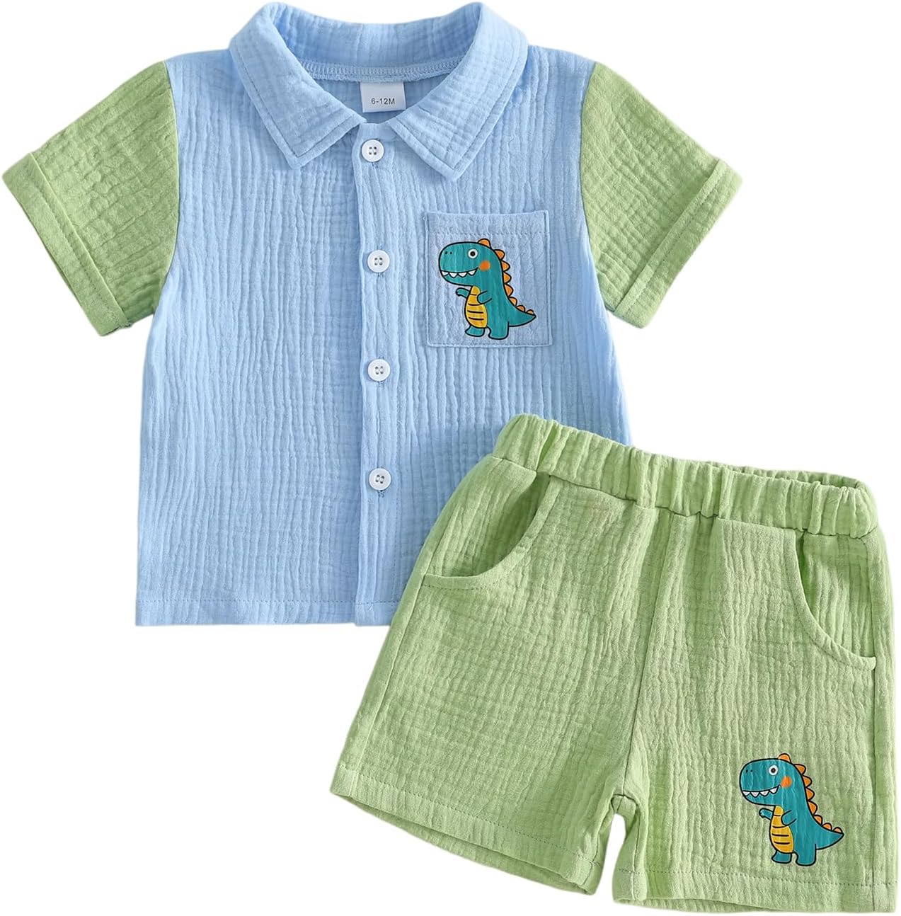 Baby Boy Summer Outfit Dinosaur Print Button Down Short Sleeve Linen T-Shirt and Shorts Toddler Dinosaur Clothes
