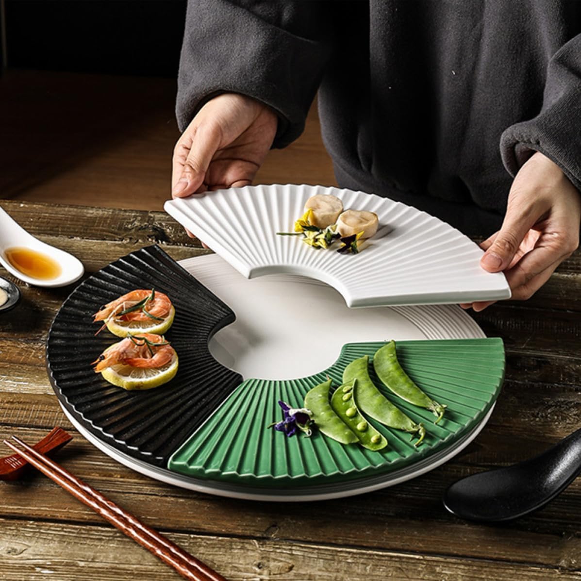 PATKAW Japanese Style Sushi Plate Ceramic Fan Shape Snack Tray Xmas