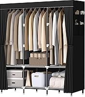 LOKEME Portable Wardrobe Closet Black - Sturdy 19mm Steel Frame, 3 Hanging Rods 44lb Each, 6 Shelves, Side Pockets for Bedroom Organization
