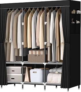 LOKEME Portable Wardrobe Closet Black - Sturdy 19mm Steel Frame, 3 Hanging Rods 44lb Each, 6 Shelves, Side Pockets for Bedroom Organization