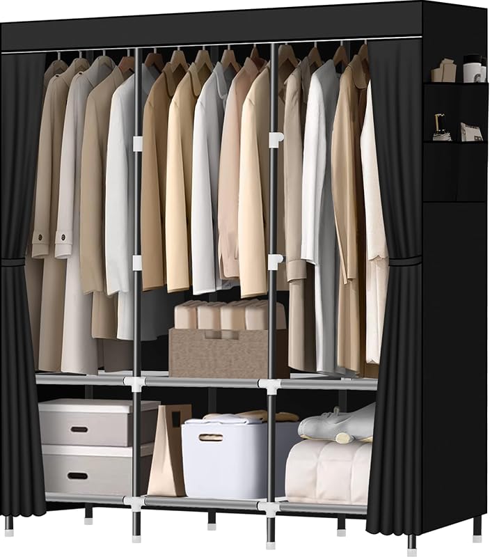 LOKEME Wardrobe Closet,Steel Pipe Diameter 19mm,Portable Closet for Bedroom | Strong and Sturdy Portable Closets for Hanging Clothes with 3 Hanging rods, 6 Storage Shelves and Side Pockets
