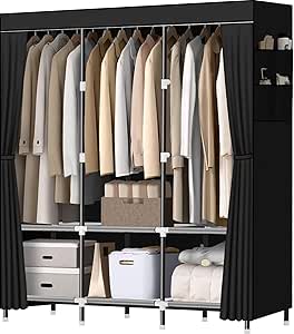 LOKEME Wardrobe Closet, Portable Closet for Bedroom Steel Pipe Diameter 19mm Strong and Sturdy Black Portable Closets for Hanging Clothes with 3 Hanging rods, 6 Storage Shelves and Side Pockets