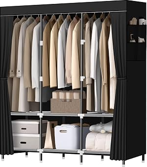 LOKEME Wardrobe Closet Portable Closet for Bedroom Steel Pipe Diameter 19mm Strong and Sturdy Black Portable Closets for