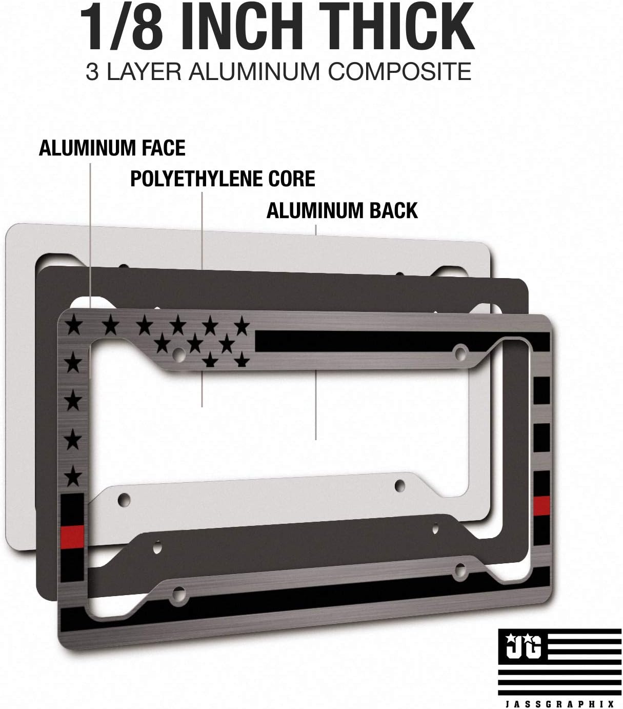 JASS GRAPHIX American Flag License Plate Frame - Thin Red Line- Car Tag Frame -Red On Brushed Firefighter