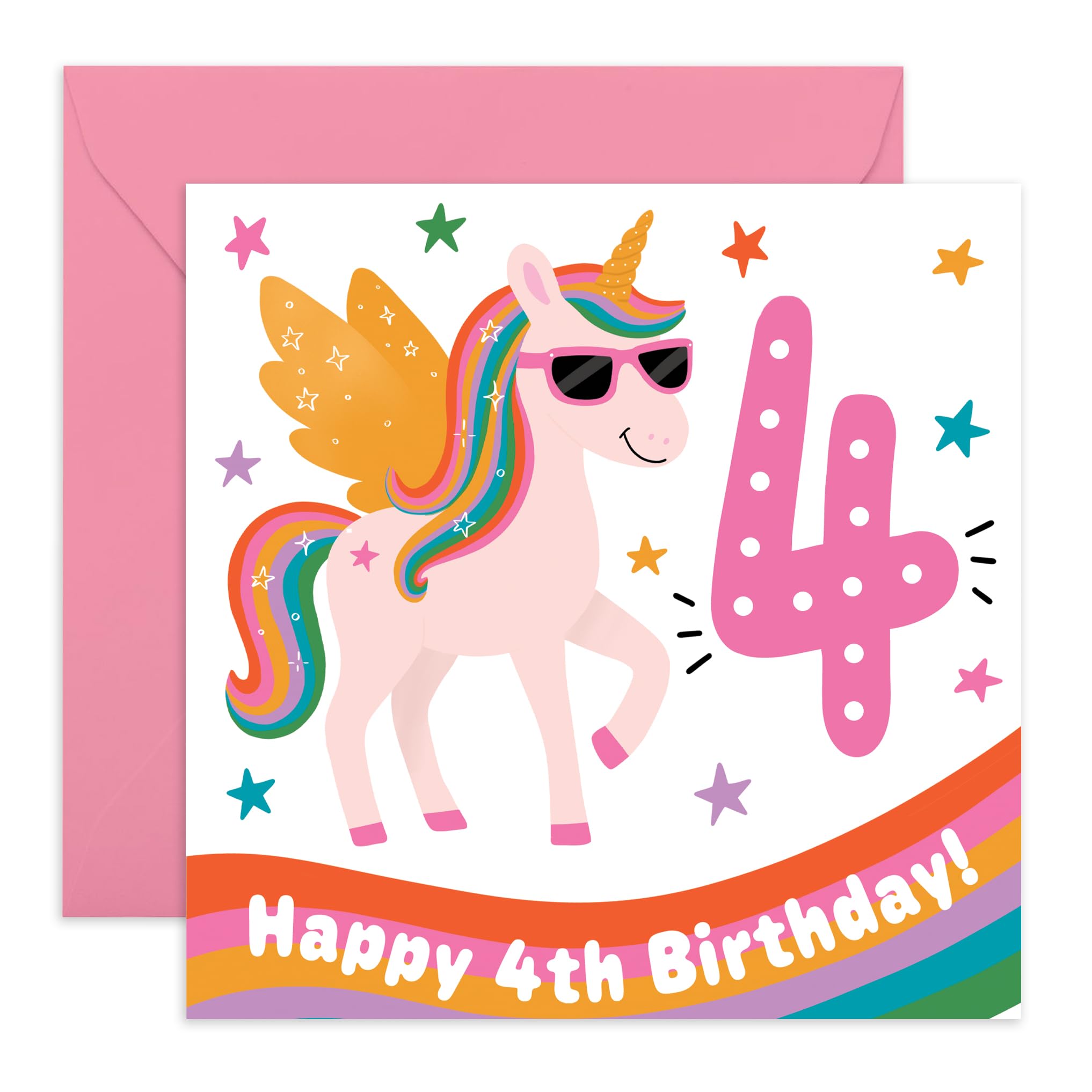 4th Birthday Card for Girls – Cute Unicorn with Rainbow Wings – Fun Card for Daughter, Niece, Granddaughter, Sister, Neighbour, Her, Little Children,