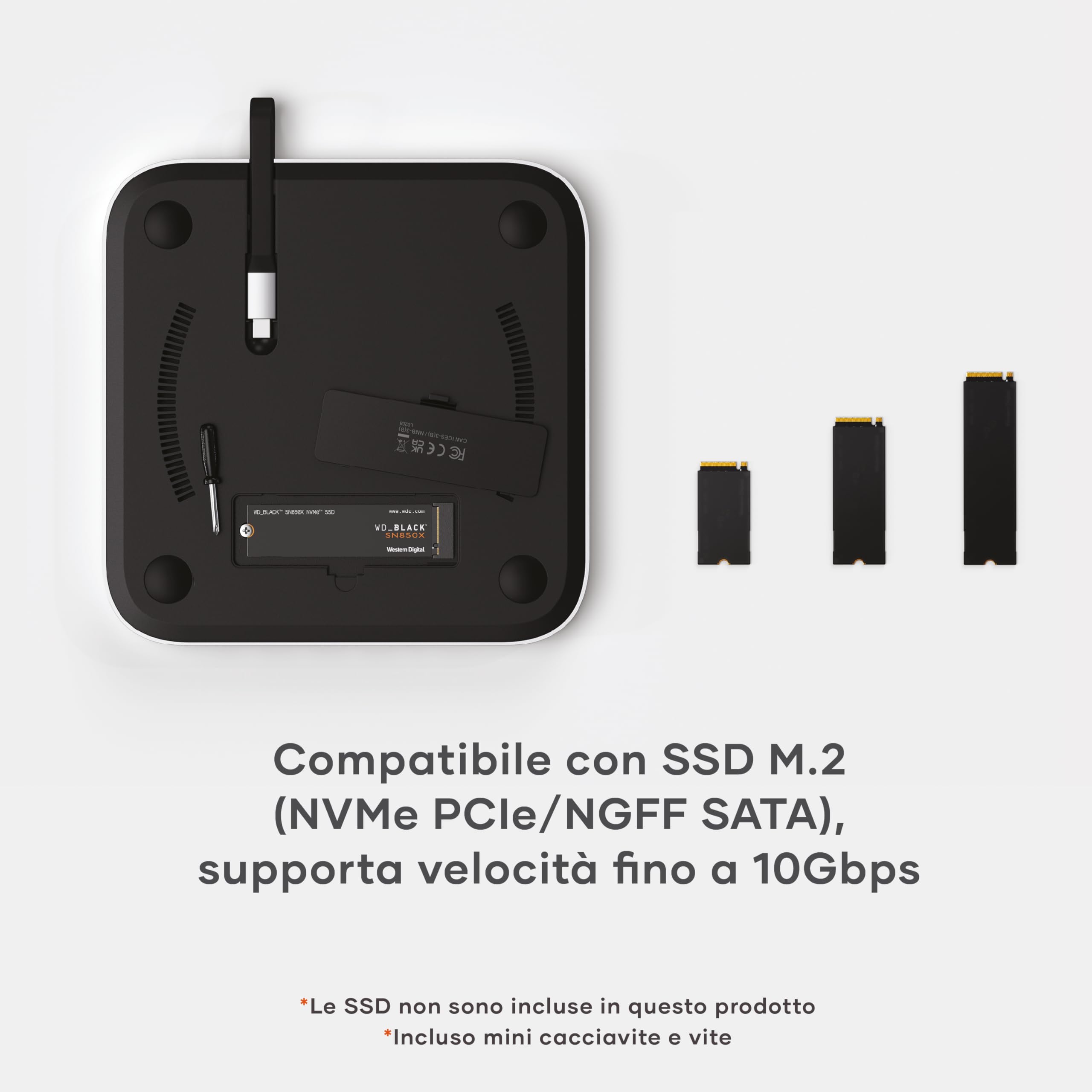 SATECHI Mac Mini Hub & Supporto per Mac Mini M2/M1 e Studio M4/M1 | Custodia SSD NVMe/SATA, USB-C 3.2 a 10Gbps, 3x porte USB-A fino a 10Gbps, jack audio (non compatibile con Mac Mini M4)
