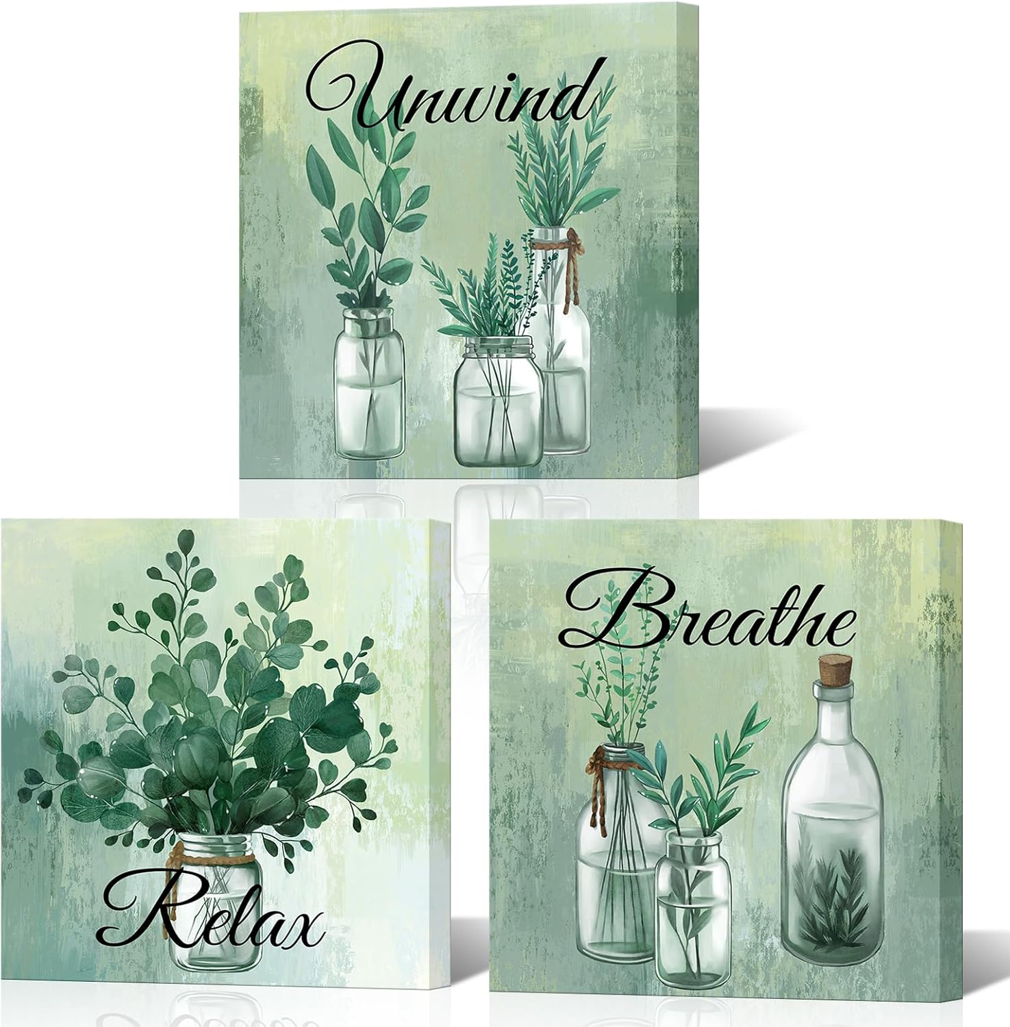 NutArtPic Green Botanical Wall Art Eucalyptus Leaf Picture Botanical Plants Paintings for Bathroom Living Room Bedroom Office Relaxation Theme, Set of 3, 12 x 12 inches