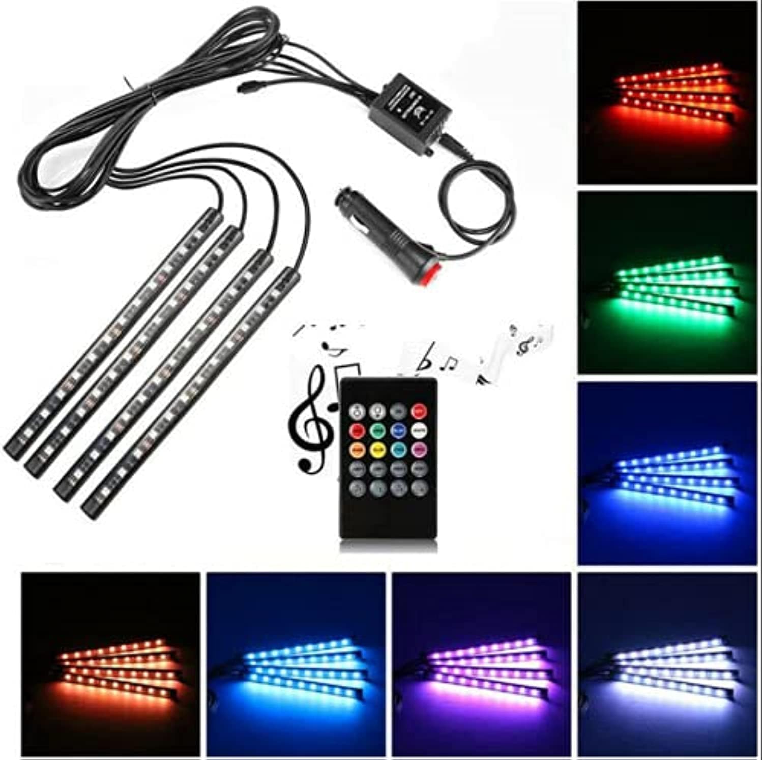 LUOWAN Car LED Strip Lights, 4 Pieces DC 12V 48 LED Multicolor Car Interior Music Light, with Sound Active Function, Wireless Remote Control, Multi-Modes for Choice