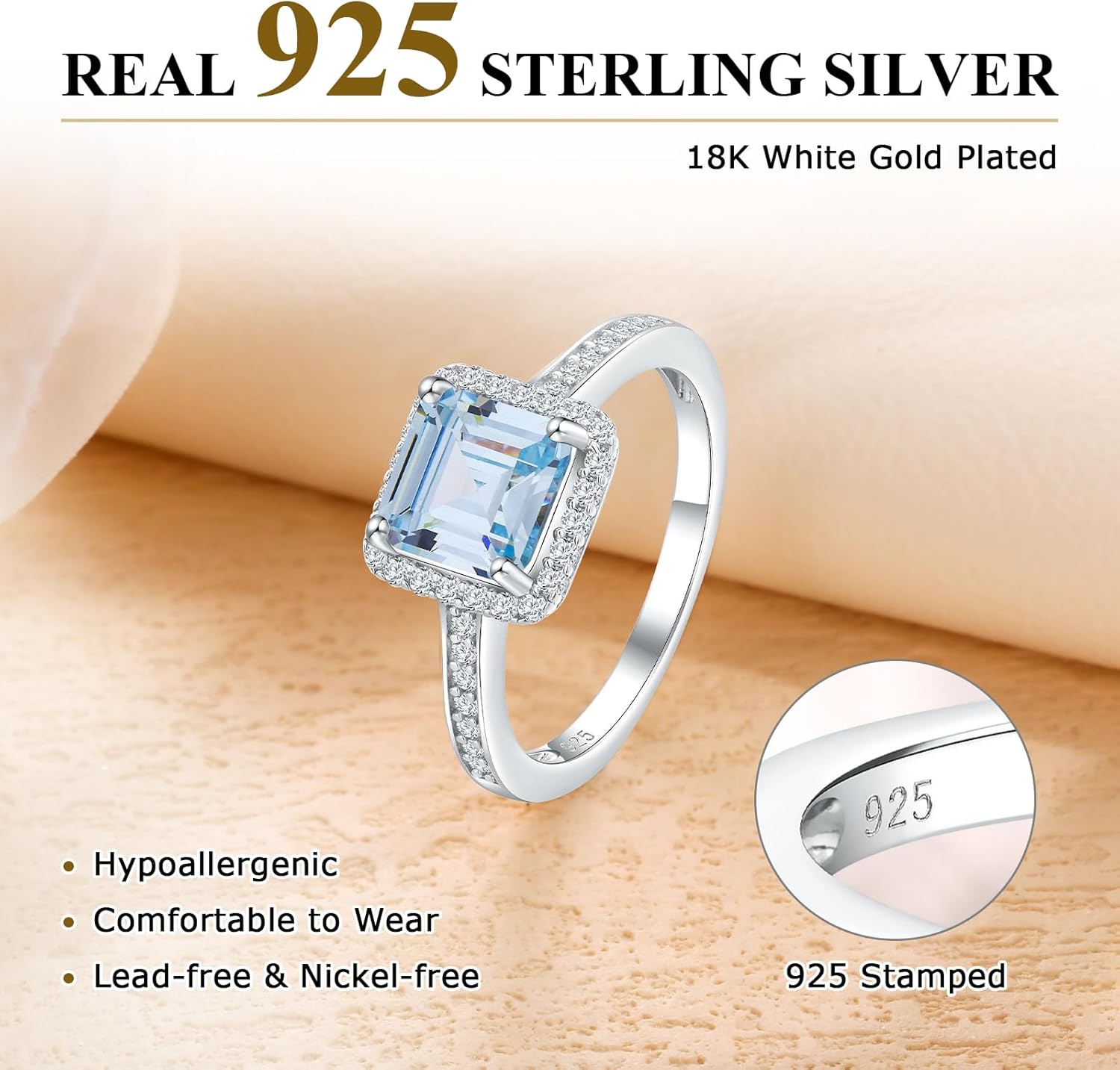 Vintage Style Engagement Ring White Gold Plated Sterling Silver White Sapphire Inlaid Big Cocktail Rings Emerald/Ruby/Aquamarine/Sapphire Ring Gift for Bride Wife Lover, Send Gift Box