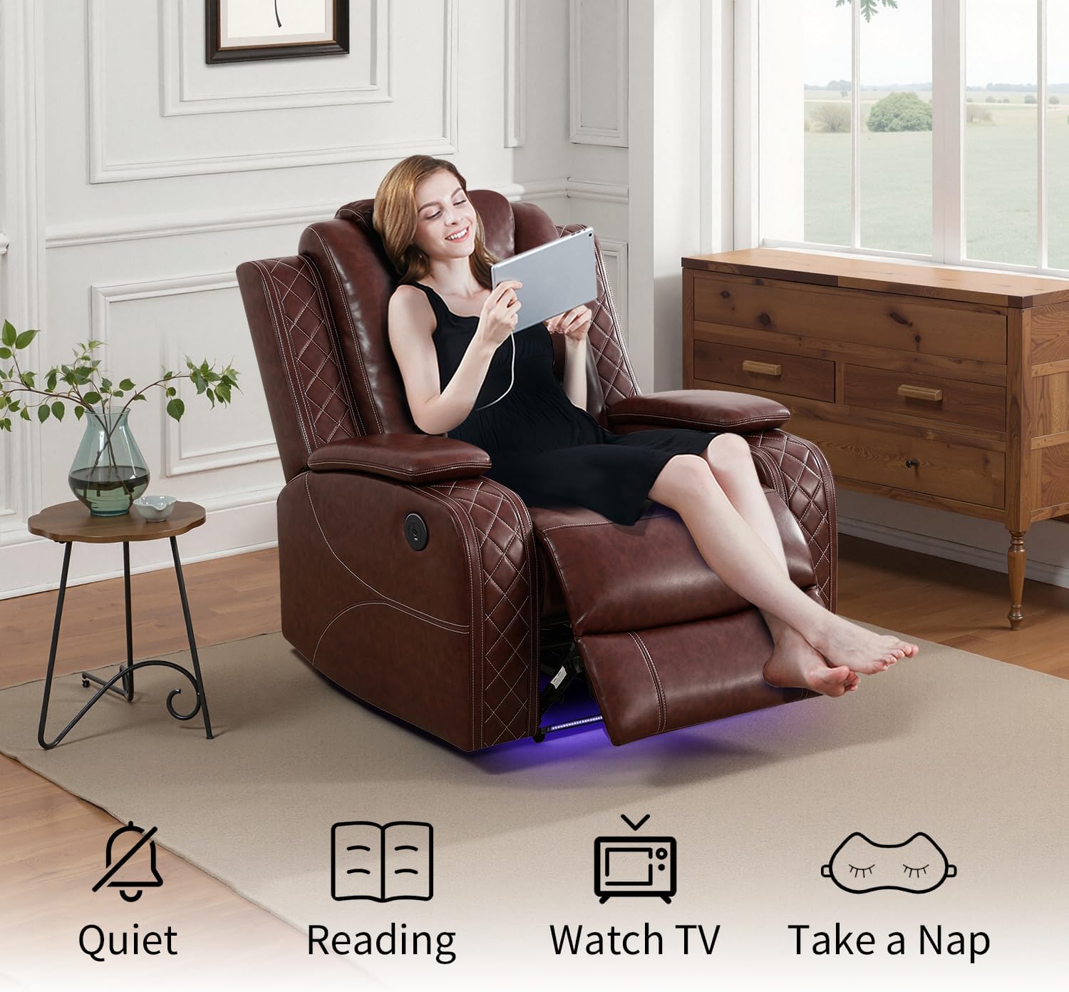 Power Sectional Sofa for Living Room Furniture Sets,Leather Reclining Corner Sectional Sofa with 3 Recliner Seats/LED Light/Cup Holder/Storage Console,Wine