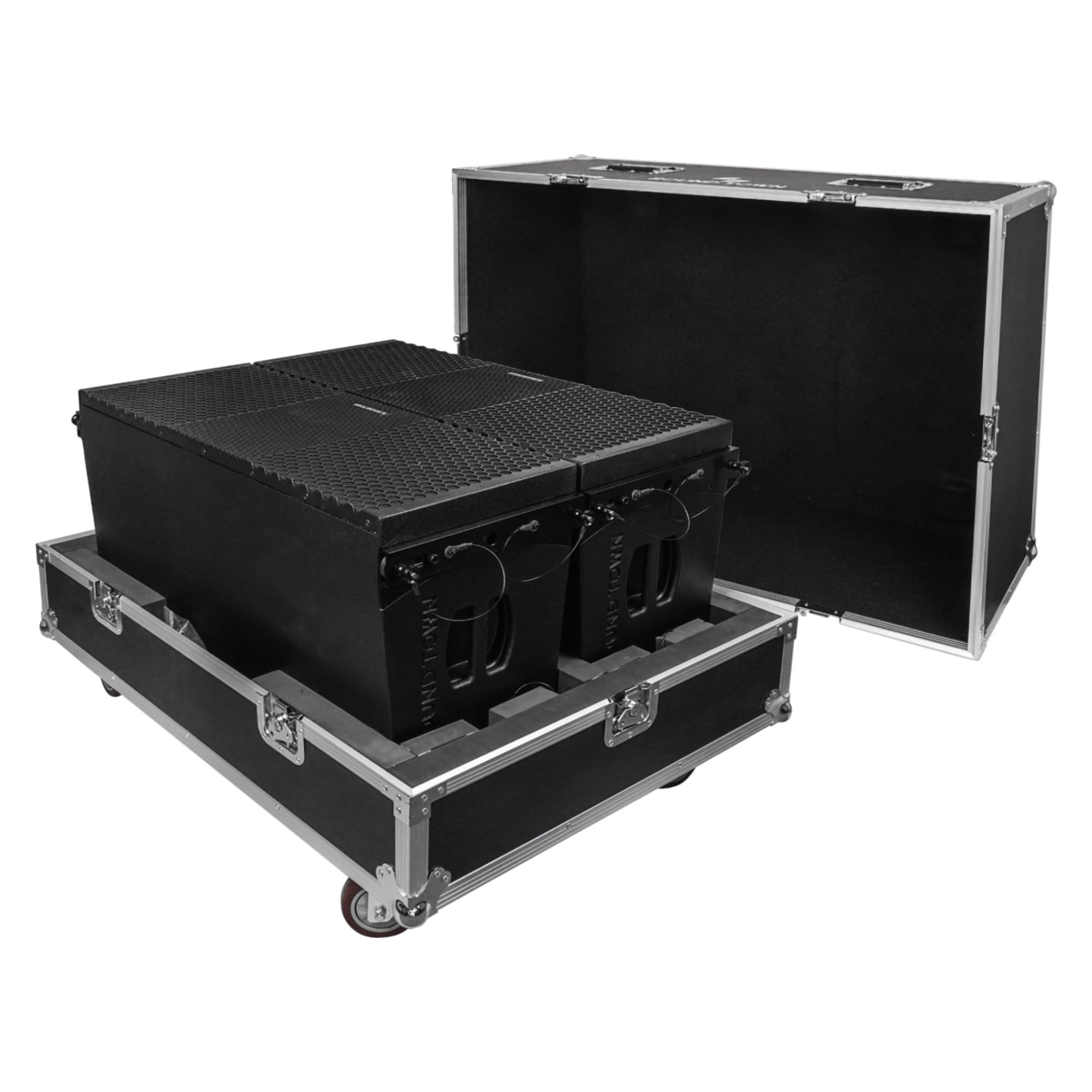 Sound Town ZETHUS Pair of Dual 10-inch Powered Line Array Speaker System with Flight Case, Black (Z210BPWX2-IFC)