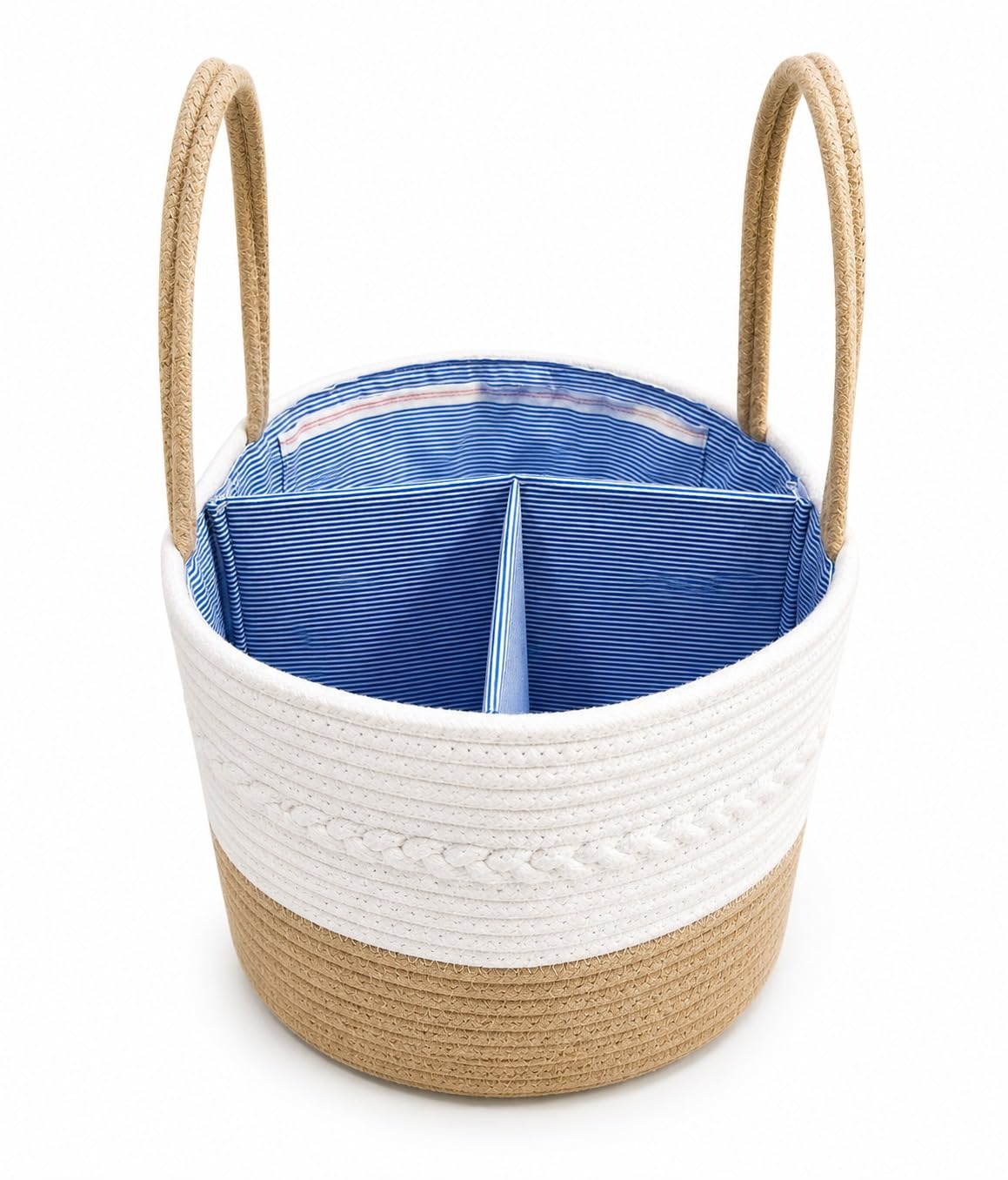 Cotton Rope Diaper Caddy Organiser, White and Natural, with Dividers, Handles, Blue Striped Interior-image-41