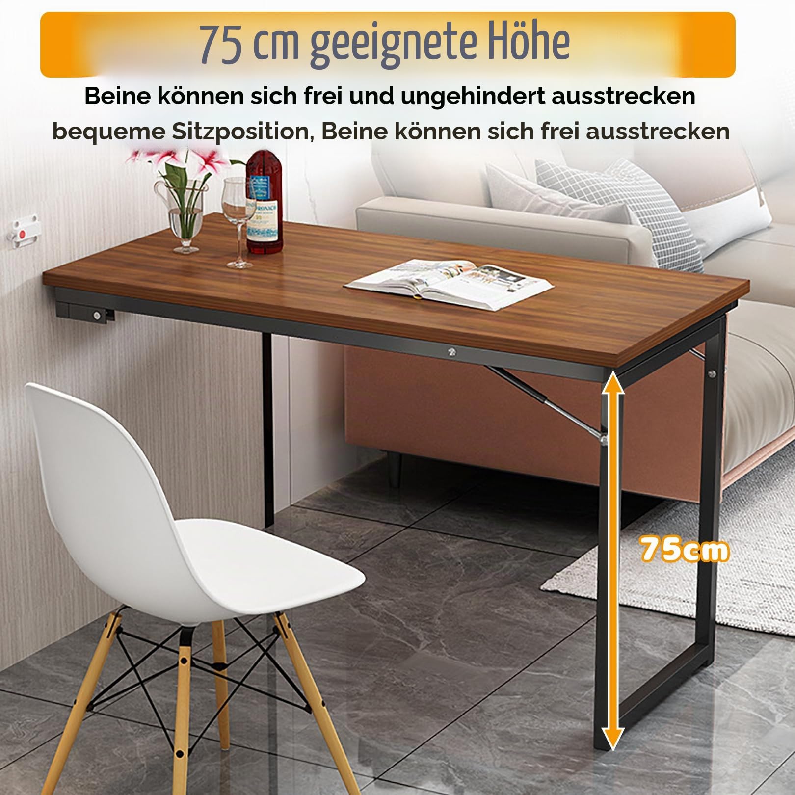 Wandmontierter Klapptisch Platzsparender, klapptisch Wand 90x60cm, Schwebender Schreibtisch, Schreibtisch für kleine Räume,Klappbarer Wandtisch für Küche und Wohnzimmer