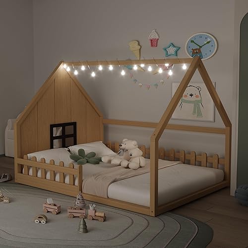 Miniatura 10 de Polibi Cama de casa de tamaño completo, marco de cama de piso de madera con ventana y valla para niños, gris