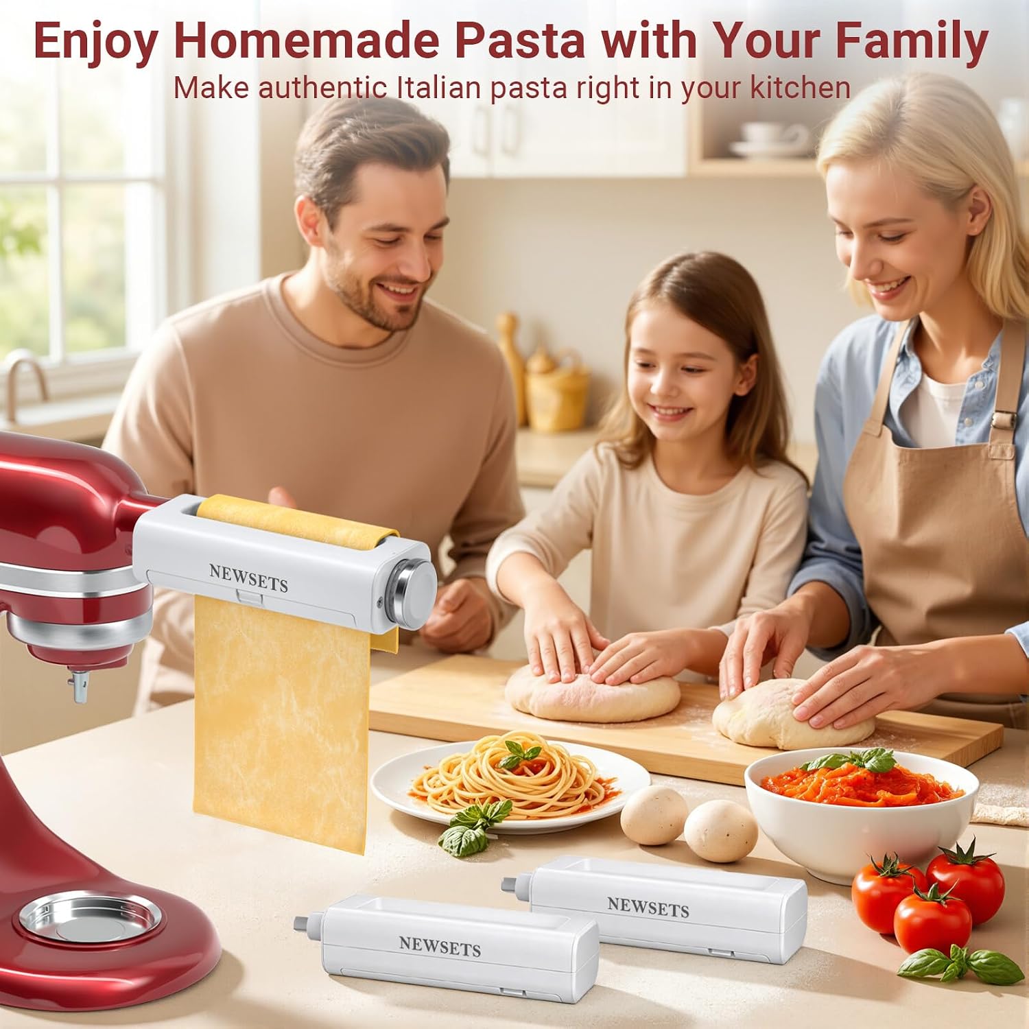 3-Piece Pasta Maker Attachments for KitchenAid Stand Mixers, Pasta Roller, Fettuccine Cutter & Spaghetti Cutter Set,Homemade Fresh Noodle Maker Accessories with Cleaning Brush