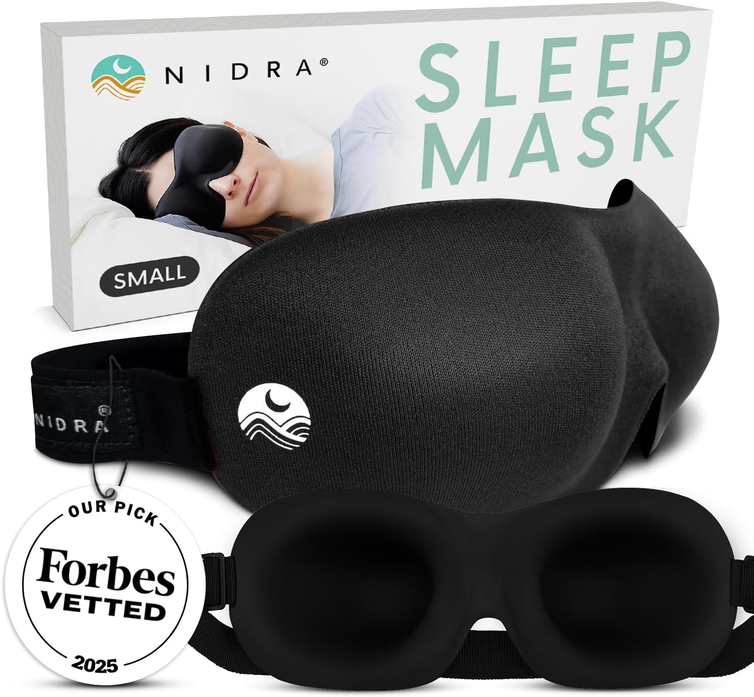 Nidra Contoured Sleep Mask for Men Women – Zero Pressure Fit, Light Blocking Eye Shade for Side Sleeping & Travel – Black, Small Size