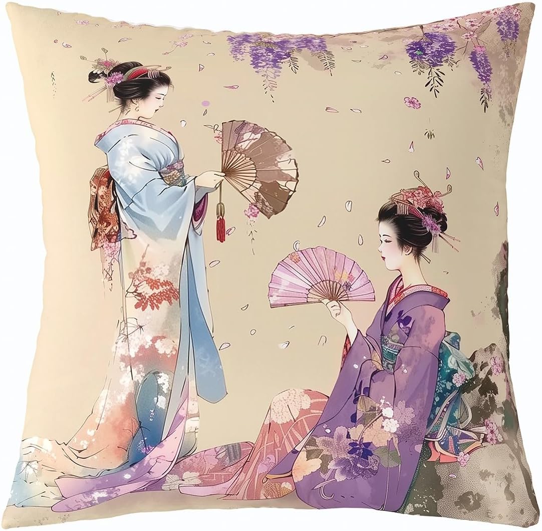Erosebridal Geisha Decorative Pillowcase 24x24 Inch Japanese Style Throw Pillow Cover for Kids Girls Women Kimono Ukiyo-E Floral Blue Orange Cushion Case Soft Cushion Cover