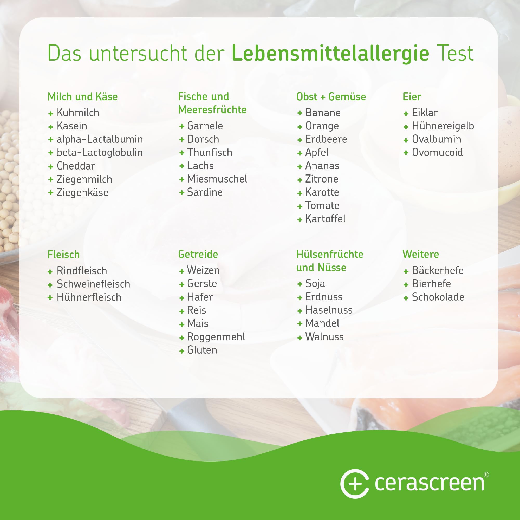 Lebensmittelallergie Test von CERASCREEN - IgE-Analyse von 44 Lebensmitteln Testkit für Zuhause | Allergien prüfen | Zertifiziertes Labor & detaillierter Ergebnisbericht