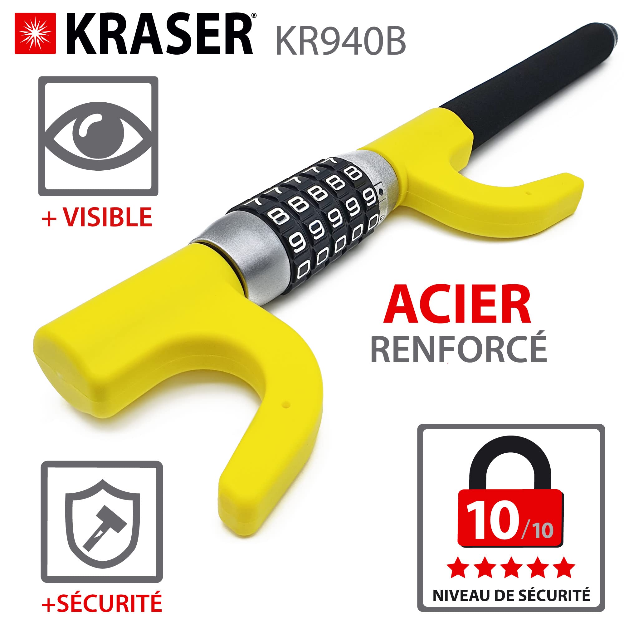KRASER KR940B Antivol Voiture à Code Sécurité Maximale, Canne Jaune Plus Visible et Dissuasif, Robuste Bloque Volant avec Marteau d'Urgence, Bloc Barre Anti Vol Universel pour Auto, Camping-Car