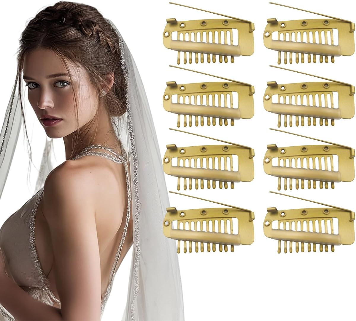 Paquete de 8 clips Chunni para velo de boda, peluca y bufanda – Clips de extensión de pelo antideslizantes con goma suave – Dupatta seguro, hijab, velo de novia – Fácil de coser, dorado