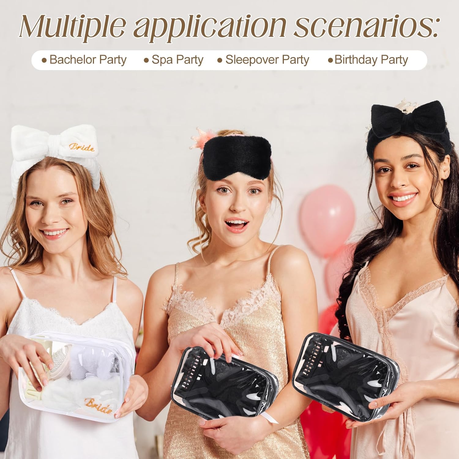 Suncalla 40 Pcs Spa Sleepover Party Supplies Include Sleep Eye Mask Headband Hair Clip Mirror Comb Makeup Bag for Girls Women Slumber Bachelorette Birthday Party Favors(White, Black)