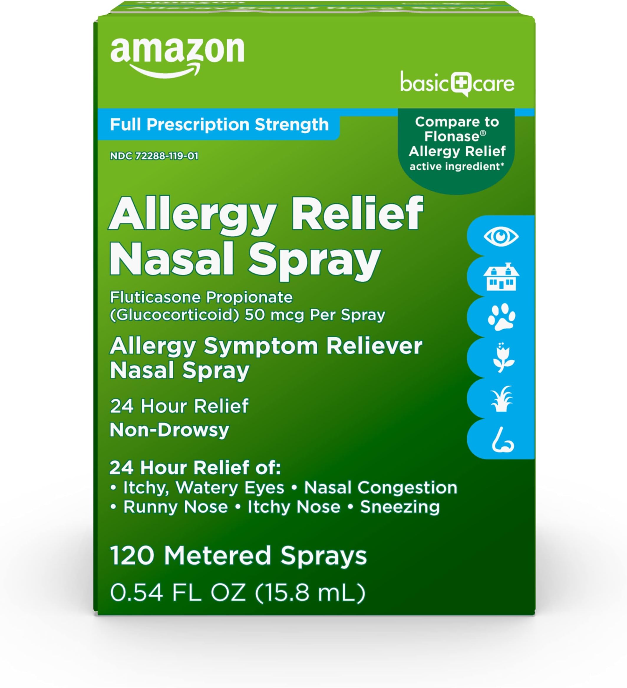 Amazon Basic Care 24-Hour Allergy Relief Nasal Spray, Fluticasone Propionate (Glucocorticoid), 50 mcg Per Spray, Full Prescription Strength, Non-Drowsy, 0.54 fl oz (Pack of 1)
