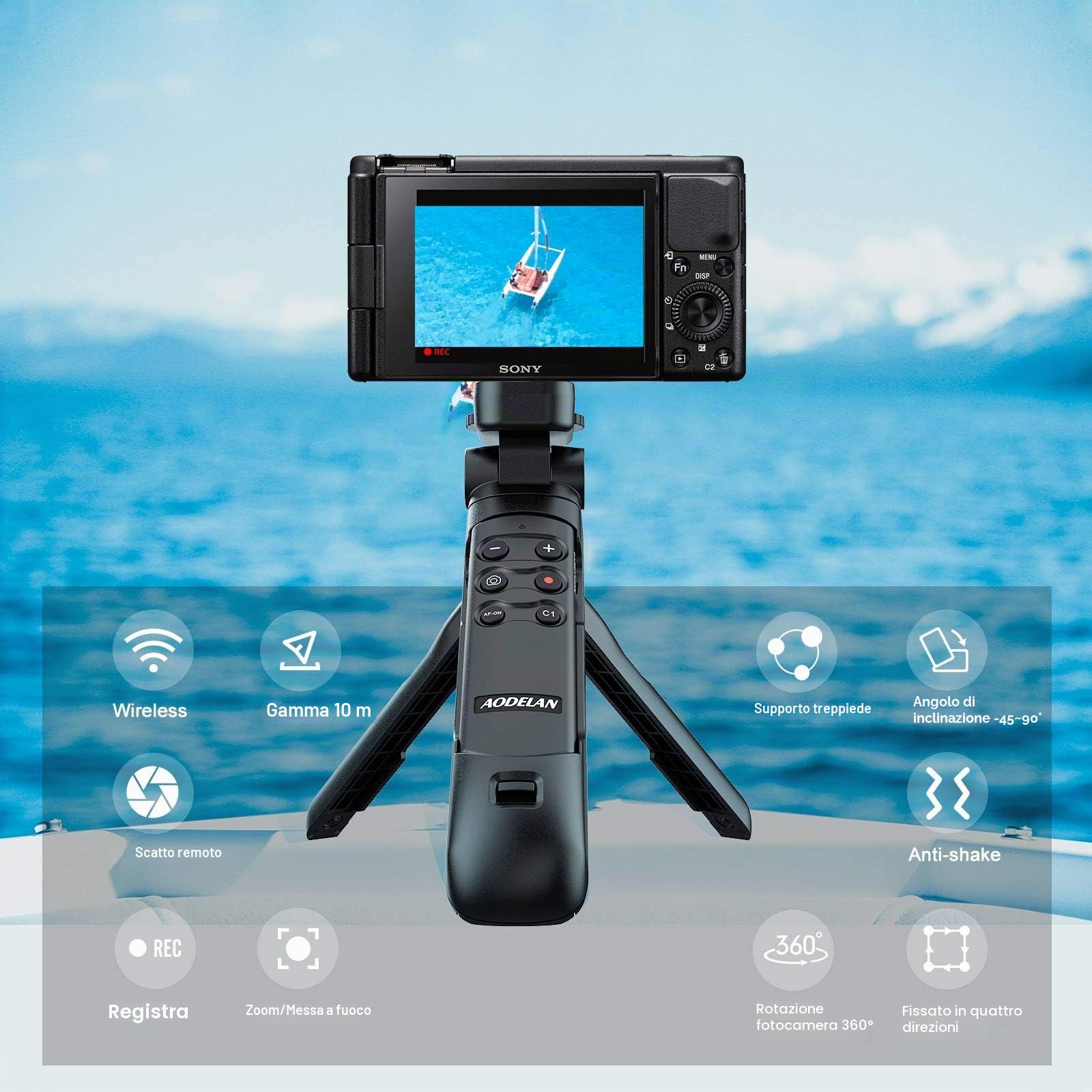 AODELAN Tripod Wireless Shooting Grip con Remote Control per Vlogging Sony ZV-E10, ZV-1F, a6100, a6400, a6600, a7 III, a7R III, a7R IV, a9, a9 II