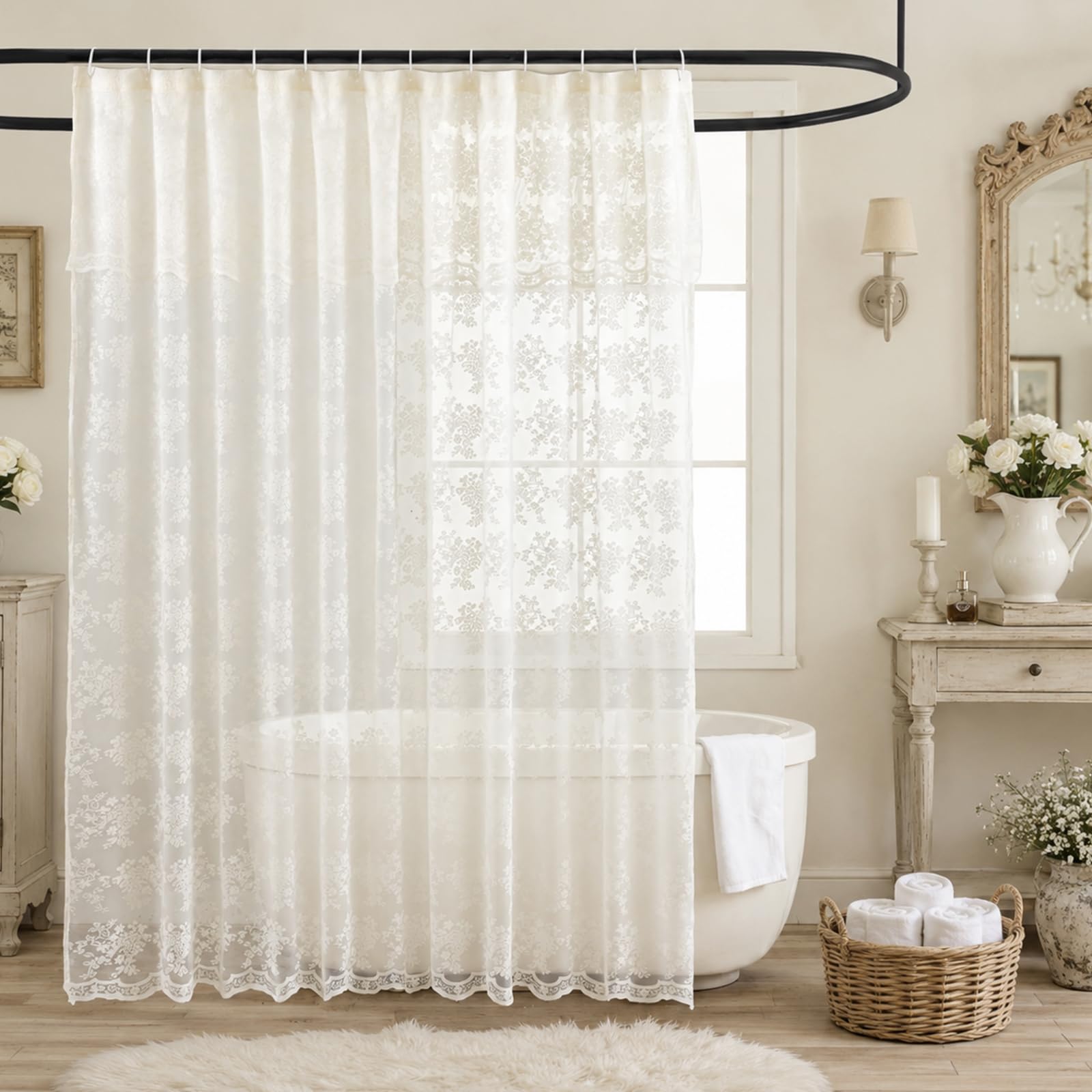 TUDECO Spitzen-Duschvorhang mit angenähtem Volant, rustikales Blumenmuster, durchscheinende Duschvorhänge für Badezimmer, gewellter Rand, verstärkte Löcher, elfenbeinfarbenes Badezimmer-Dekor, 183 x