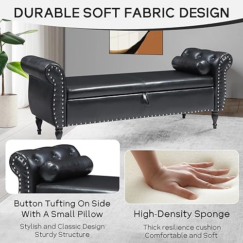 Miniatura 52 de NIOIIKIT Banco otomano de almacenamiento de 63 pulgadas, banco de entrada con botones al final de la cama, sofá otomano armado enrollado para Beige