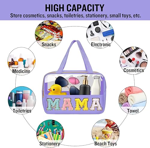 Miniatura 4 de Preppy - Bolsas de maquillaje transparentes con parches de letras de chenilla, bolsa transparente con cremallera con asas, bolsa de aseo de viaje