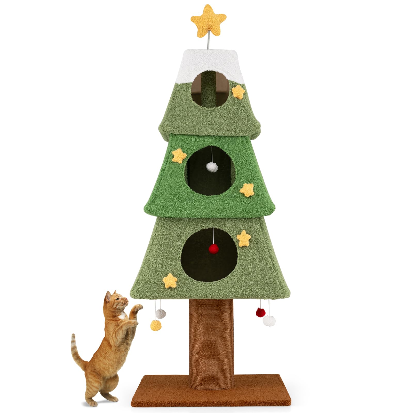 SOARS Árbol rascador de Navidad, 162 cm, con 3 cuevas, columna rascadora, tronco de 19 cm de grosor, bolas colgantes, árbol de Navidad, árbol de Navidad para gatos
