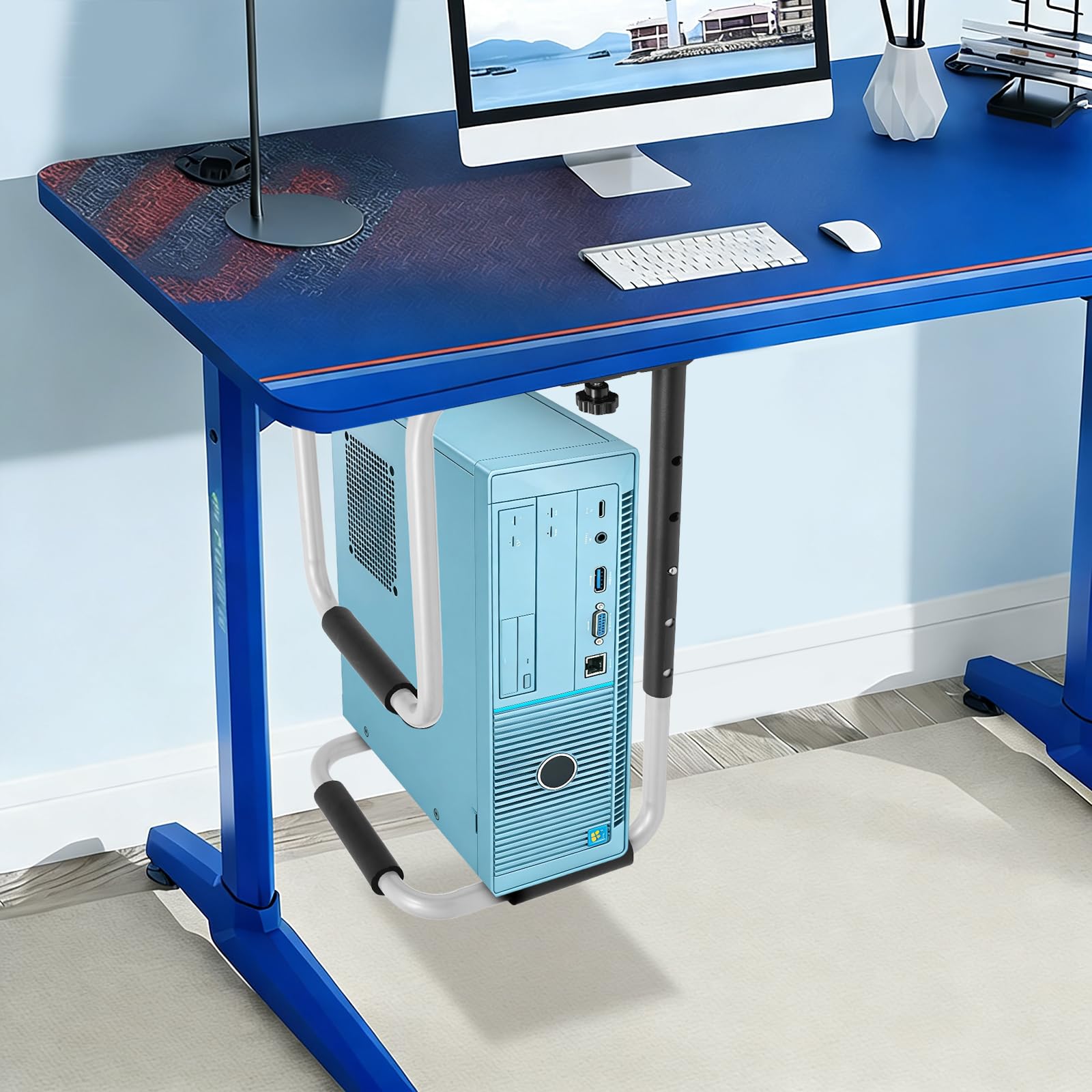 Supporto per PC sotto la scrivania, portata 27,22 kg, supporto da parete per PC, regolabile in altezza 30-60 cm, in acciaio Q235, supporto per alloggiamento sotto il tavolo, nero