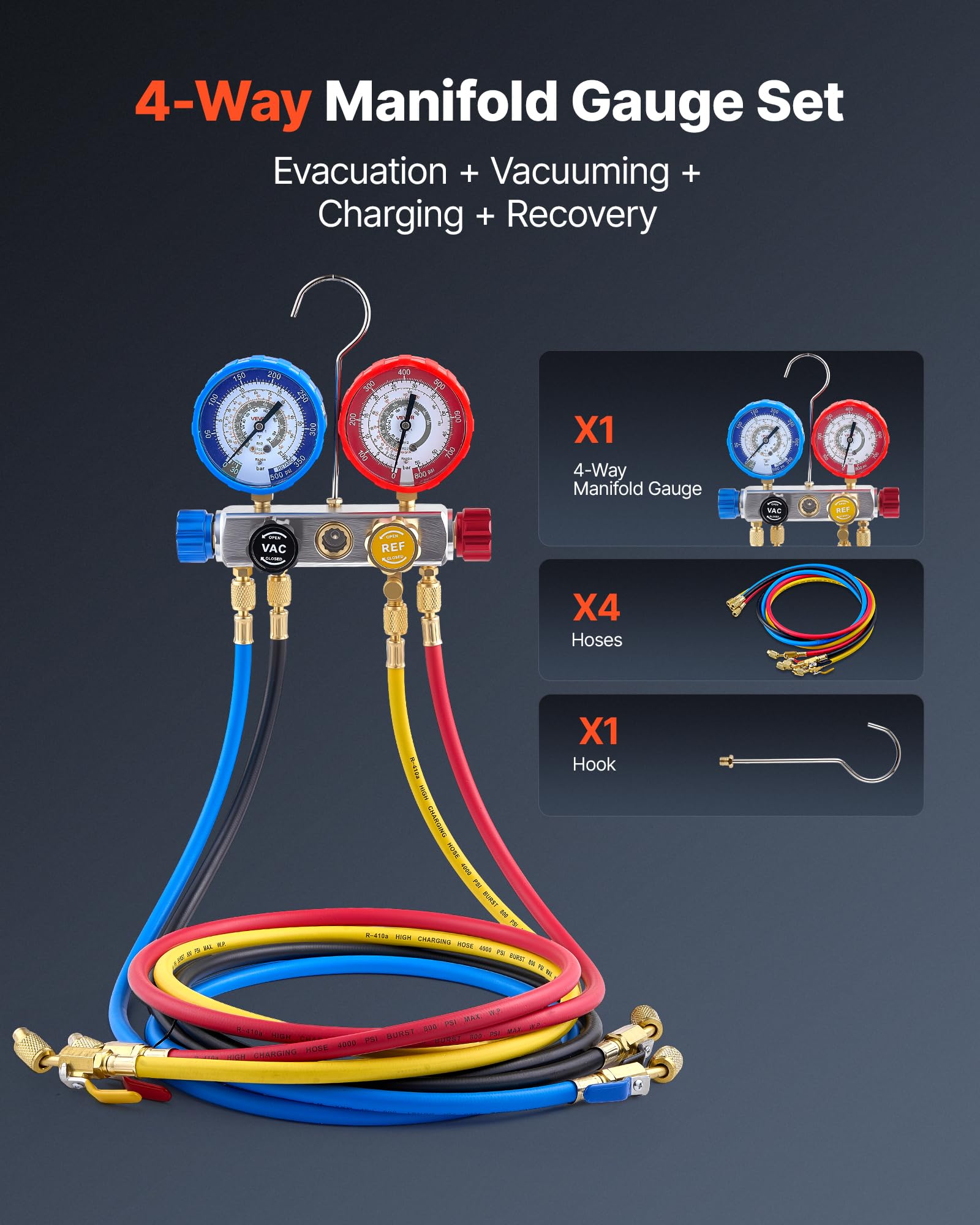 VEVOR Klimaanlagen-Manometer-Set für R22 R404A R410A R12 Kältemittel,4-Wege-Manometer mit 1,5-m-Schläuchen, für Wartung Evakuierung Befüllung Rückgewinnung von Klimaanlagen in Fahrzeugen Haushalten